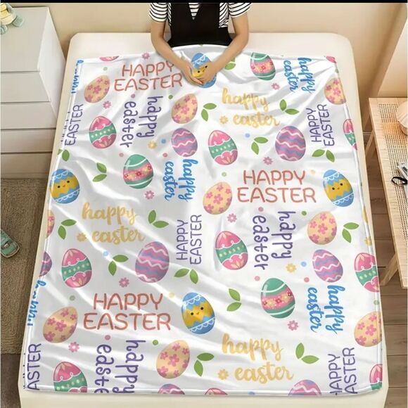 💐 Easter Themed Flannel Fleece Blanket with Colorful Easter Eggs - 50" x 60" - Picture 2 of 4